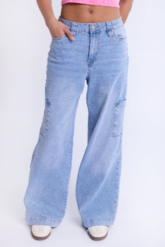 Super High Rise Wide Leg Cargo Jeans | Lt Denim Blue / L/G
