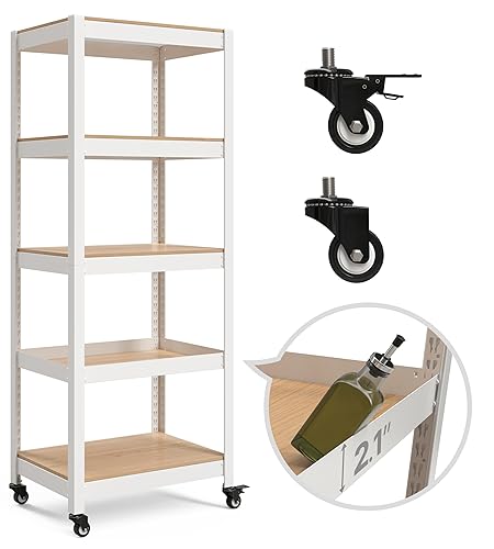 HOMEDANT House White 5-Tier Metal Boltless Rolling Cart Shelf Rack Casters Heavy Duty Wheel Shelving Unit Adjustable Storage Shelves Organizer Shelf Kitchen Garage 24.4" W x 16.5" D x 62.2" H 1Pack - 1 - (05) 24.4"W x 16.5"D x 62.2"H, Wheel-White