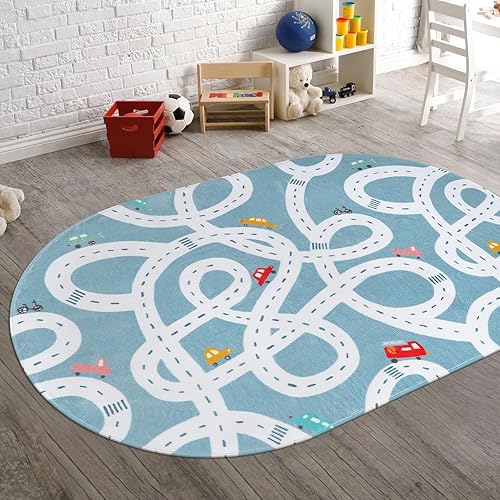 STARUIA Large Kids Playroom Rug, 4'x6' Washable Road Rug for Nursery, Non-Slip Fun Area Rug for Kids Room, Blue Car Rug Play Mat Soft Baby Carpet for Boys Girls Dorm Toy Room Tent - 4'x6' - Blue