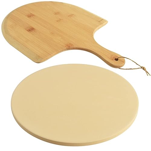 homEdge Pizza Stone Set, Heavy Duty Round Cordierite Baking Stone for Bread, Pizza, Thermal Shock Resistant Cooking Stone with Bamboo Pizza Peel Paddle for Oven and Grill-10 Inches (Diameter) - 10"