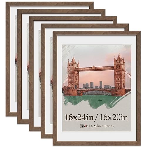 VCK 18x24 Poster Frame 5 Pack, Natural Wood Grain Brown Walnut, Display 16x20 Picture with Mat or 18x24 without Mat, Wall Hanging - 18×24 - 5 Pack