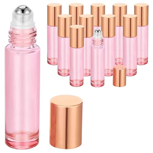 PrettyCare 10 ml Roller Bottles for Essential Oils (Rose Glass, 12 Pack, 2 Extra Roller Balls, 24 Labels, Opener, 2 Funnels Essential Oil Roller Bottles for body oil perfume - 12 Pack Pink with Gold Caps