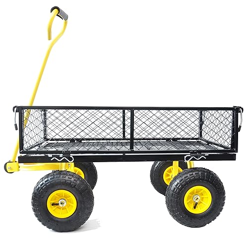 LKIJYG Wagon Black+Yellow Garden cart 660 lbs 10" 410/3.50-4 air Tires Steel Garden Cart with 180° Rotating Handle and Removable Sides, Capacity Utility Heavy Duty Garden Carts and Wagons - Black+yellow