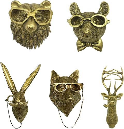 HEITIGN Home Decor Waterproof Bronzed Resin Animal Hanging Sculpture Sunscreen Animal Head Wall Hanging Ornaments Home Gardening and Home Decoration Ideal Gift Choice (5PCS Set)