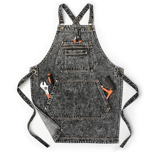 Jeanerlor - Cotton Denim Shop Black Tool Aprons with Pockets for Men - Jean Work Aprons for Men Cross Straps & Adjustable L to XXL - Large - Black