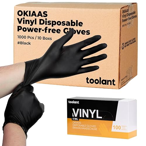 OKIAAS Black/Pink Vinyl Disposable Gloves Latex Free, Food Grade, 5 mil, Cooking, Cleaning, Hair Dye, 50/100/200/1000 Count - Large (Pack of 1000) - Black