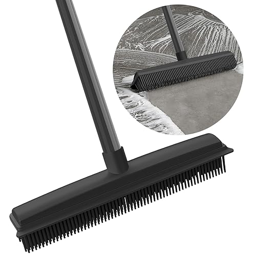 SWETHAW Rubber Broom with Squeegee and Adjustable Long Handle, Pet Hair and Fur Remover, Carpet Rake and Floor Brush for Hardwood, Tile and Window - Rubber Broom_Black