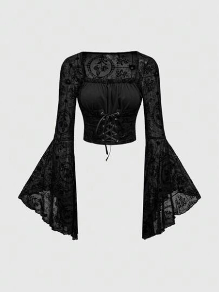 ROMWE Goth Top de mujer con encaje y malla de estilo gótico palaciego, con cruz y patrón de flores, para fiesta de Halloween