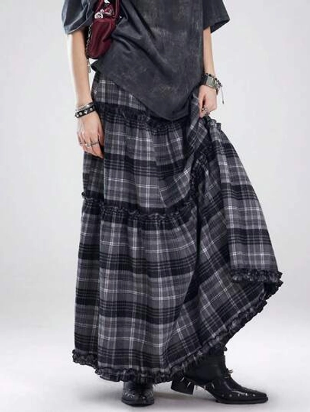 Coolane Women's Spring/Summer Date Night Vintage Preppy Ruffle Plaid Skirt