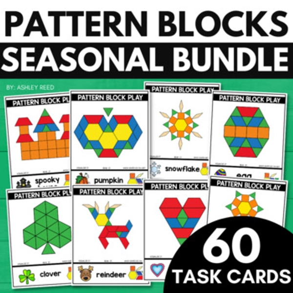 Seasonal Pattern Block Task Card Bundle for Holidays Fine Motor and Math