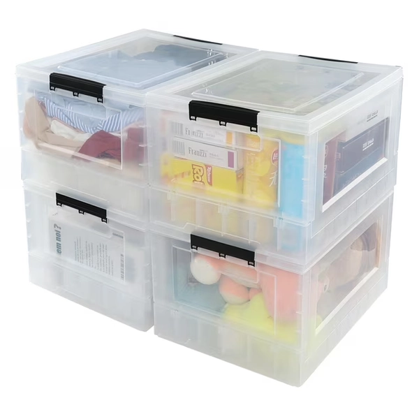Sandmovie 30 Quart Collapsible Storage Bins with Lids, Clear Plastic Folding Storage Boxes, 4-Pack