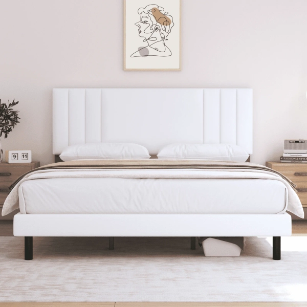 Queen Bed Frame, Lecuneey Platform Bed Frames Queen Size with Fabric Upholstered Headboard, No Box Spring Needed, White