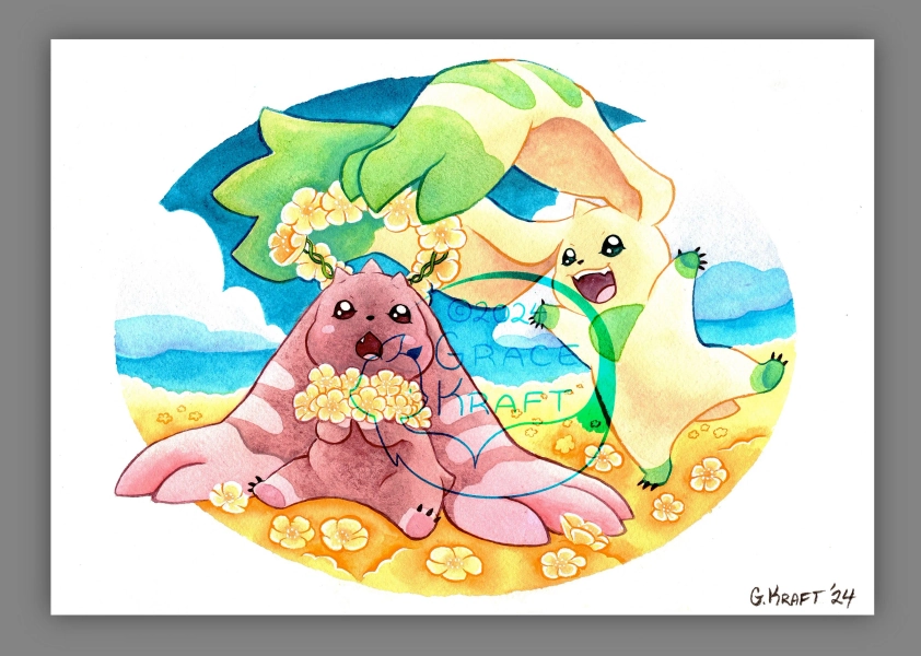 Digimon Postcard Print - Terriermon Lopmon Golden Flower Fields - 7"x5"