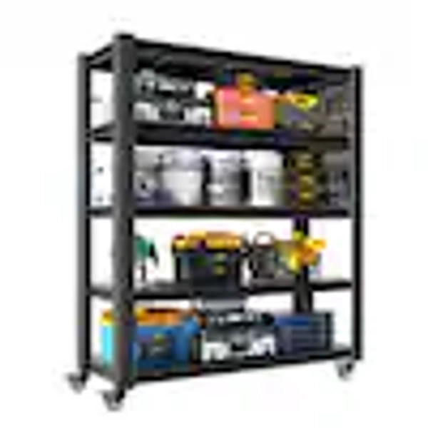 Huluwat 5-Tier Steel Garage Storage Shelving Unit in Black with Wheels and Pegboard (47.2 in. W x 72 in. H x 23.6 in. D) S-P234406