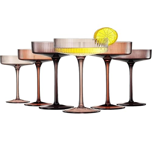 Khen Venus Glasses Luxury Glassware - Set of 6 - Everyday, Winter Gift Her, Mom, Wife, Girlfriend, Special Celebrations Drinkware, Textured Glass, Brown Style Amber Colored - Ribbed Coupe 7oz - Ripple Coupe