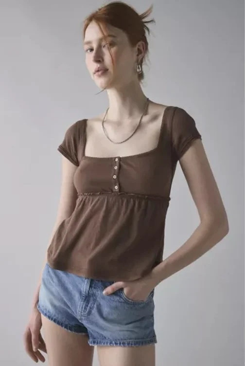 BDG Brittney Square Neck Henley Babydoll Tee (Brown & White Stripes)