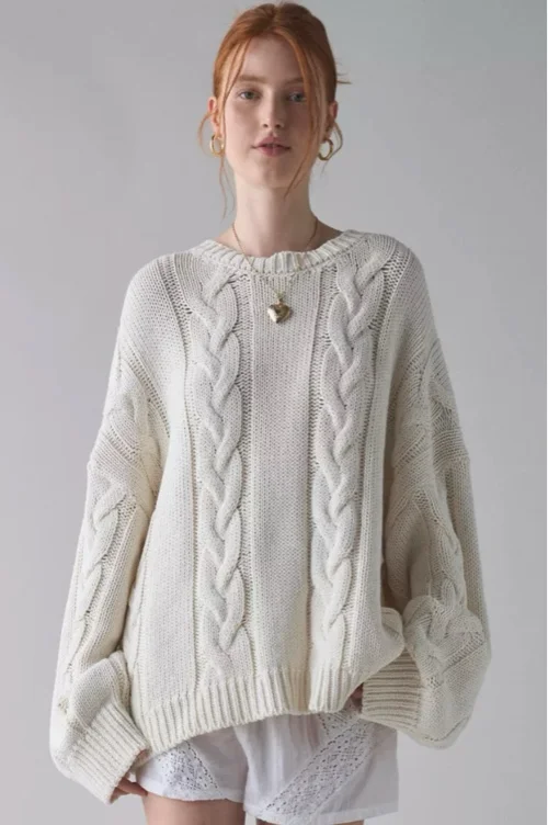 BDG Skylar Oversized Crew Neck Cable Knit Sweater