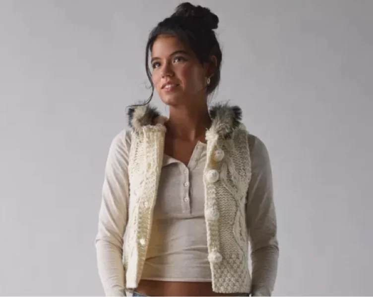 BDG Josephine Cable Knit Faux-Fur Trim Hooded Sweater Vest