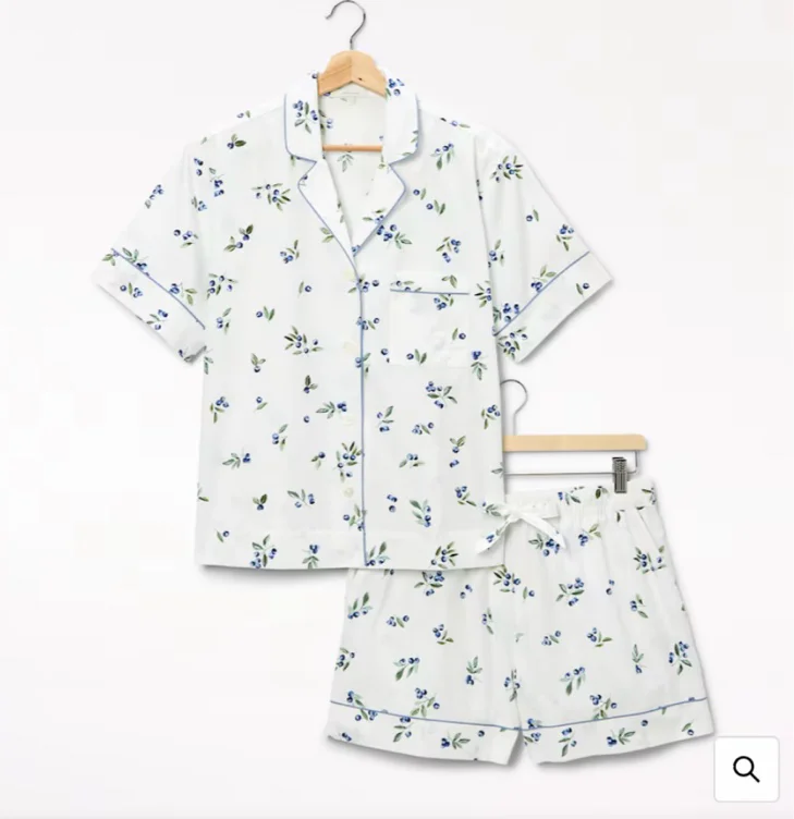 Organic Poplin Pajama Short Set, Blueberry Print