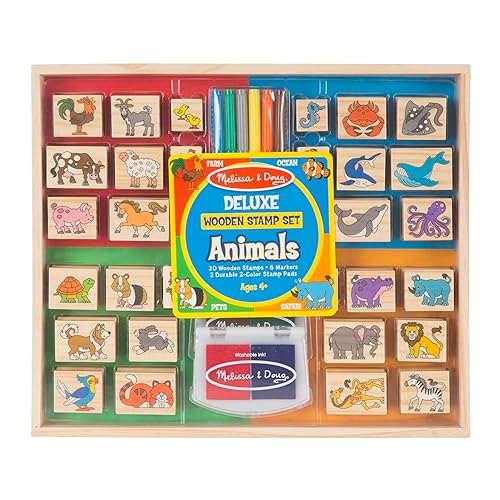 Melissa & Doug Deluxe Wooden Stamp Set: Animals - 30 Stamps, 6 Markers, 2 Stamp Pads Kids Art Projects, Wooden Stamps With Washable Ink, For Kids Ages 4+ - Deluxe Wooden Stamp Set - Animals