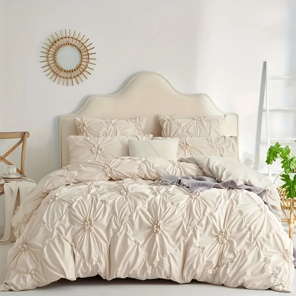 3pcs Bohemian Rhomboid Plaid Stereoscopic Flower Plain Colour Quilt Cover Set (1 Duvet Cover +2 Pillowcase Without Pillow Core), The Four Seasons Bedroom Decoration Hostel Soft Breathable Large Size And Increase The Size Of The Bed