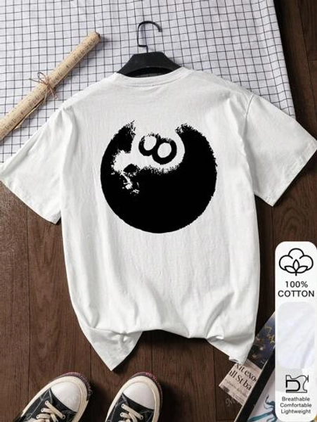 Black 8 Billiard Print, Summer Women's 100% Cotton Short Sleeve, White Short Sleeve, Graphic T-Shirt, White Summer Clothes, Casual Summer Clothes, Cotton T-Shirt