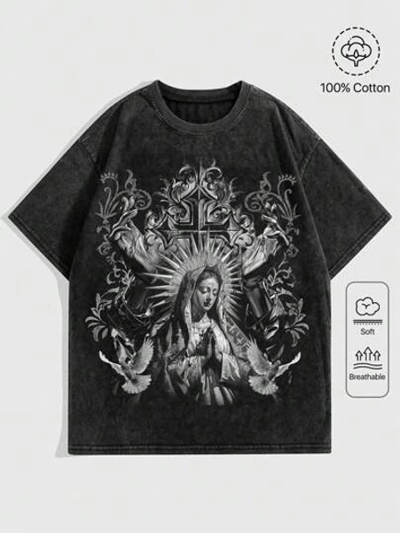 ROMWE Goth Camiseta holgada para mujer con estampado de copos de nieve desgastado y lavado