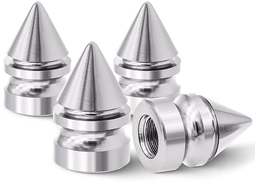 MEAJOO 4 PCS Spiked Style Tire Valve Stem Caps, Corrosion Resistant, Universal Aluminium Alloy Dustproof Tire Valve Stem Covers for Cars, SUV, Trucks, Bikes, Motorcycles, Bicycles(Silver) - 4 pcs - Spiked - Silver