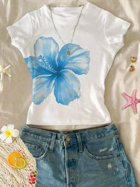 SHEIN Fashionable Tropical Blue Floral Hibiscus, Frangipani, Seaside Print Tween Girls Slim Fit Casual Minimalist Comfortable Crew Neck Long Sleeve T-Shirt, Suitable For Summer, Summer Outfits For , Easy Comfort, Autumn Layers For Kids, Stylish Kids, Casual Wear, Kids Graphic Clothes, Back To School, Fall Clothes, Homecoming Girls Flower Shirt Flower Shirt Tween Kids Summer Floral Top Blue Hibiscus Shirt Girls Hibiscus Shirt