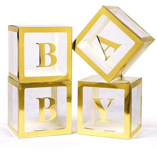 Voircoloria Baby Boxes with Letters for Baby Shower, 4 Transparent Balloon Boxes with Letters for Gender Reveal Birthday Wedding Baby Shower Decorations (Gold) - Gold
