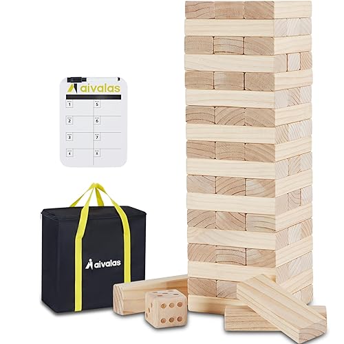 Aivalas X-Large Size Giant Tumble Tower, 60 Blocks Outdoor Games Stacking Games Includes Dice Carrying Bag Scoreboard, Stacking Over 5FT for Backyard Lawn Party Playing - XL-Over 5FT-60PCS