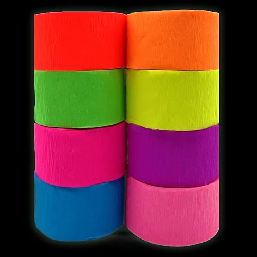 880feet Blacklight Party Streamer Decorations 8 Rolls Glow Crepe Paper UV Reactive Fluorescent Neon Paper Streamers Glow Party Supplies and Decorations for Wedding, Birthday, Neon Party, Fiesta Party - 880feet