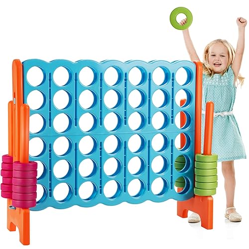 Costzon Giant 4-in-A-Row, Jumbo 4-to-Score Giant Game Set for Kids & Adults, Indoor Outdoor Yard Connect Game, 3.5FT Tall with 42 Jumbo Rings & Quick-Release Slider, Perfect for Family & Party Games - Baby Blue/Orange
