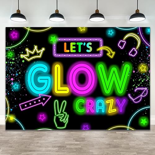 Wollmix Neon Glow Party Decorations Supplies Backdrop 7x5ft Glow in The Dark Let’s Glow Banner Photography Background Birthday Sleppover Graffiti Splash Paint Black Light Kids Photo Booth - 7x5ft
