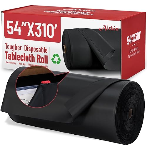 Airbin Plastic Tablecloth Roll, 310 Ft x 54 in Plastic Table Cover Roll Black Plastic Table Cloth Disposable, Premium PEVA Material, Waterproof with Cutter, Ideal for Banquets, Festivals, Parties - Black - 310 Feet Roll