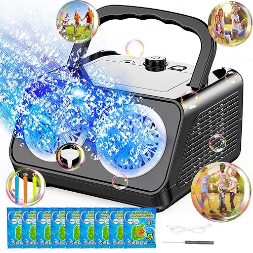 Bubble Machine, Automatic Bubble Machine for Kids 20000+ Bubbles/Minutes, Portable Bubble Machine Battery Operated with 2 Fans, Bubble Makers for Outdoor Indoor Wedding & Birthday Party - Dark Black