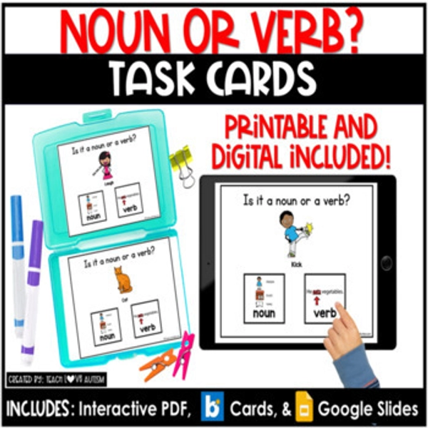 Noun or Verb | Parts of  Speech | Grammar | Reading Task Cards | Boom Cards