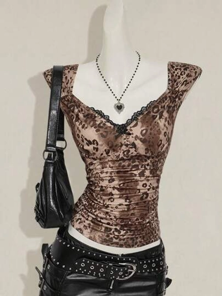 SHEIN ICON Camiseta de mujer con mangas raglan, estampado de leopardo y encaje en contraste, de moda para el verano