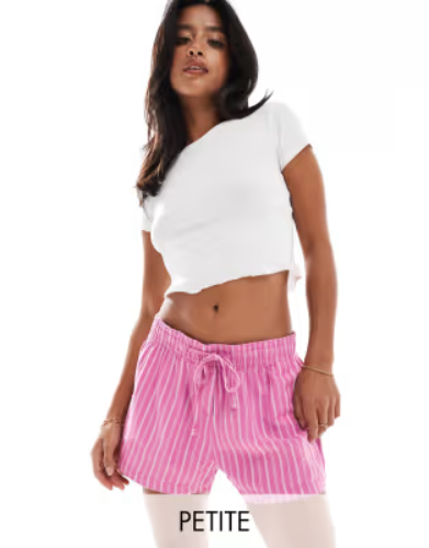 Stradivarius STR Petite rustic pull on short in pink stripe  | ASOS
