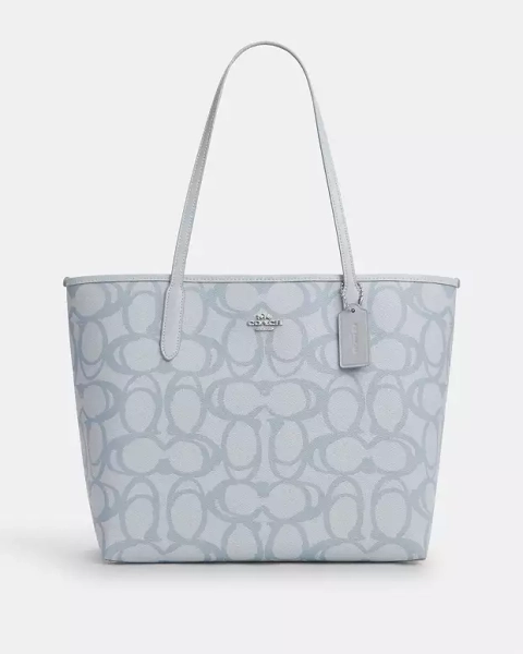 Silver/Ice Blue City Tote Bag In Sketch Signature Canvas