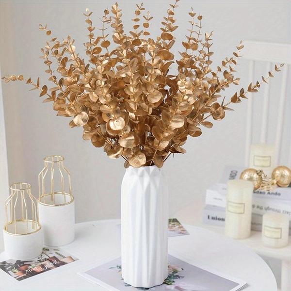 8pcs Eucalyptus Stems Artificial Eucalyptus Leaves Decor Eucalyptus Branches Fake Eucalyptus with Fake Leaves 15.35 inch Faux Eucalyptus Stem for Vase Wedding Bouquet Home (Silvery, Golden)