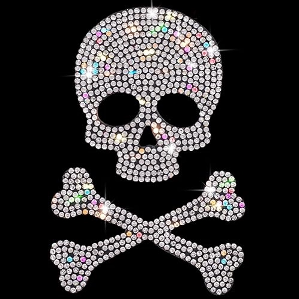 OIIKI Skull and Bone Bling Car Decal, Skull Decal Rhinestone Stickers, Crystal Car Decor, Diamond Car Stickers and Decals, for Motorcycle Helmet Laptop Tumbler Luggage Guitar - 10 x 7.32 cm, Colorful - Ab