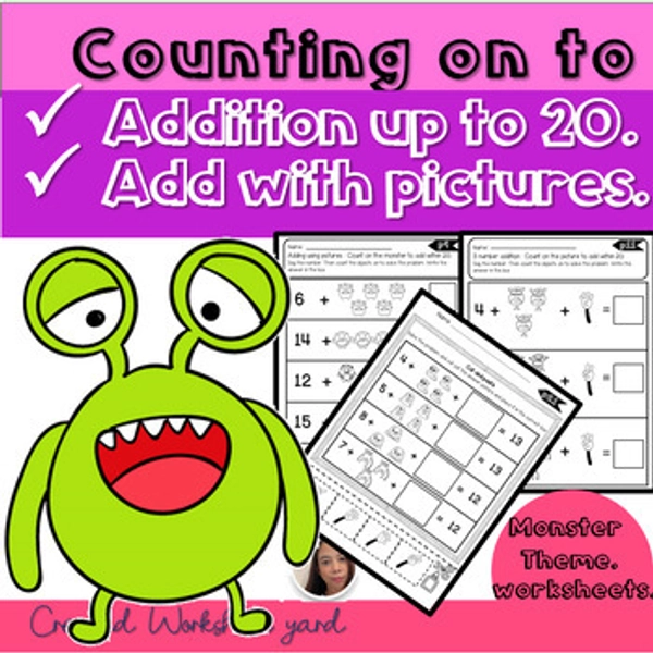 Addition with Monster , Counting on to addition with picture to 20 worksheet