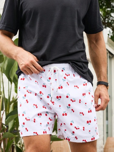 Manfinity Swimmode Men's Cherry Printed Drawstring Waist Beach Shorts, Summer Vacation