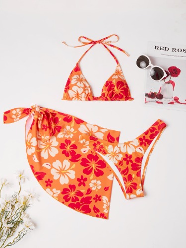 SHEIN Swim Summer Beach 3packs Floral Micro Triangle Bikini & Beach Skirt