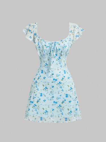 SHEIN MOD Women Summer Floral Print Ruched Bust Pleated Dress