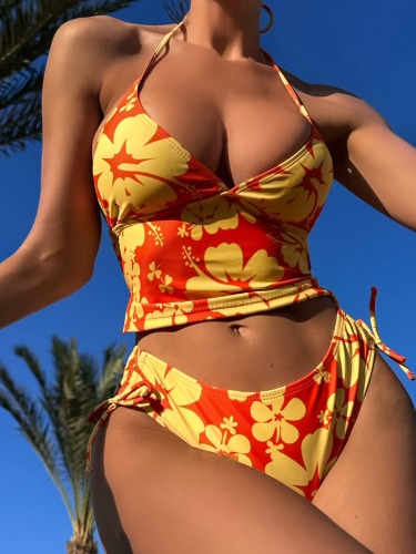 SHEIN Swim Vcay Summer Beach Floral Print Halter Bikini Set