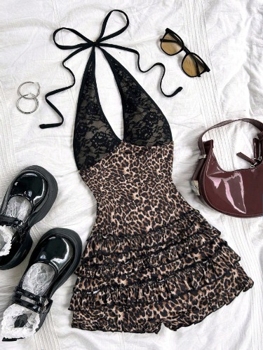 SHEIN WYWH Multicolor Vintage Lace V-Neck Halter Tied Leopard Print Pleated Ruffle Hem Romantic Casual Vacation Vintage Women's Jumpsuit