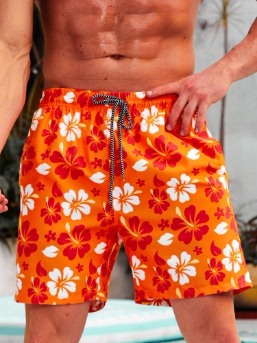 Manfinity Swimmode Men Floral Graphic Print Drawstring Waist Swim Trunks Pool Shorts, For Beach, Vacation