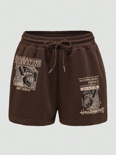 INAWLY Butterfly & Letter Graphic Drawstring Waist Shorts